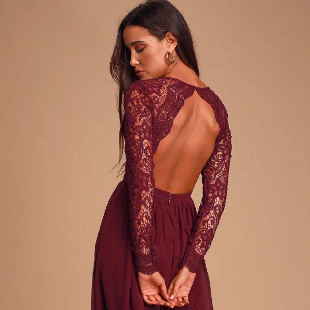 Lulu's Burgundy Long Sleeve Lace Maxi Dress